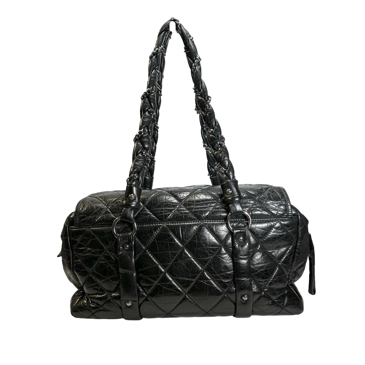 Used CHANEL Quilted Quilted Aged Calfskin Bowler Bag Handbag Black