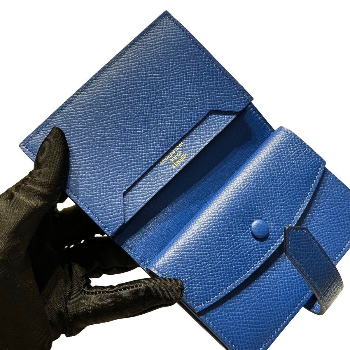 Used HERMES Epsom Bearn Card holder Blue Gold Hardware