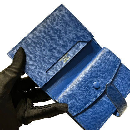 Used HERMES Epsom Bearn Card holder Blue Gold Hardware