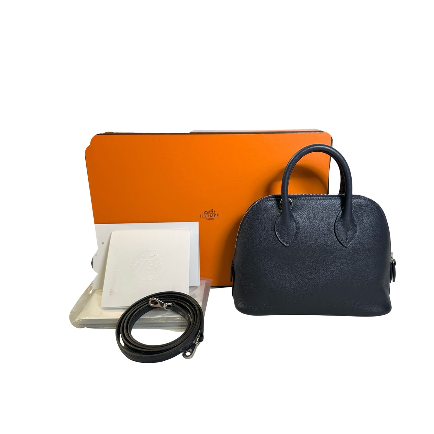 Used HERMES Leather Bolide Handbag Navy PHW