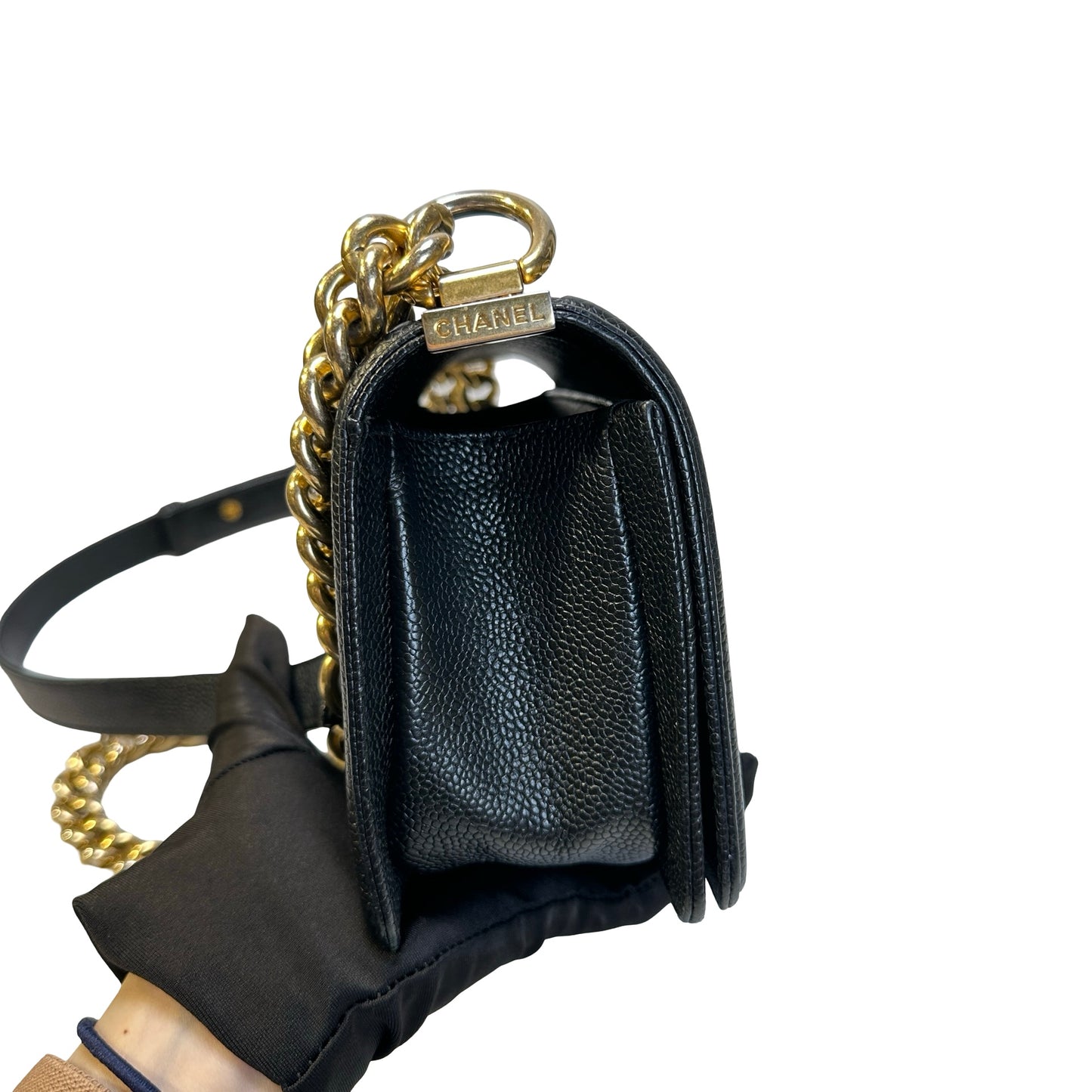 Used CHANEL Caviar Leather Quilted Boy 20 Shoulder Bag Black Gold