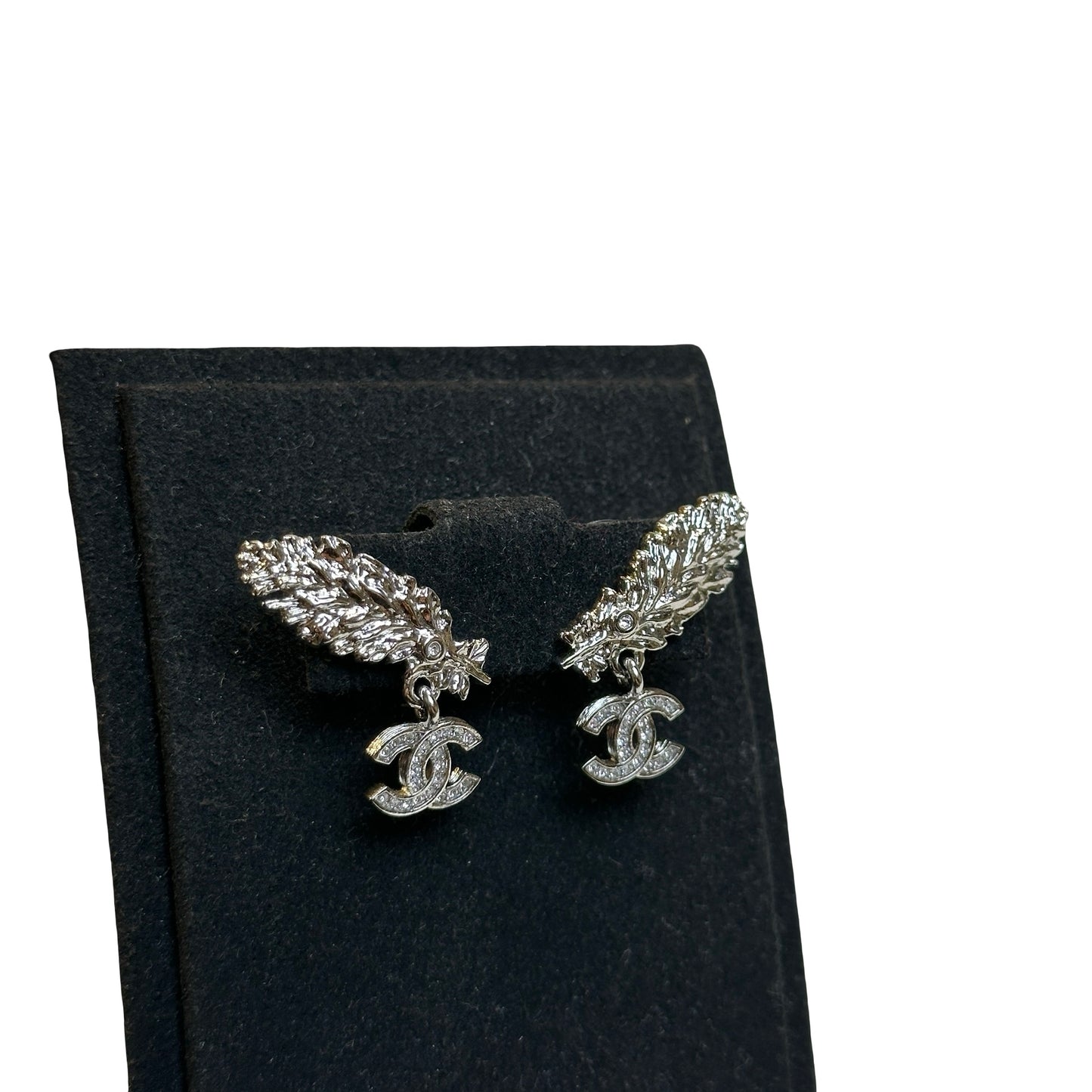 Brand New CHANEL Rhinestone CC Logo Leaf Earrings Earrings Sliver