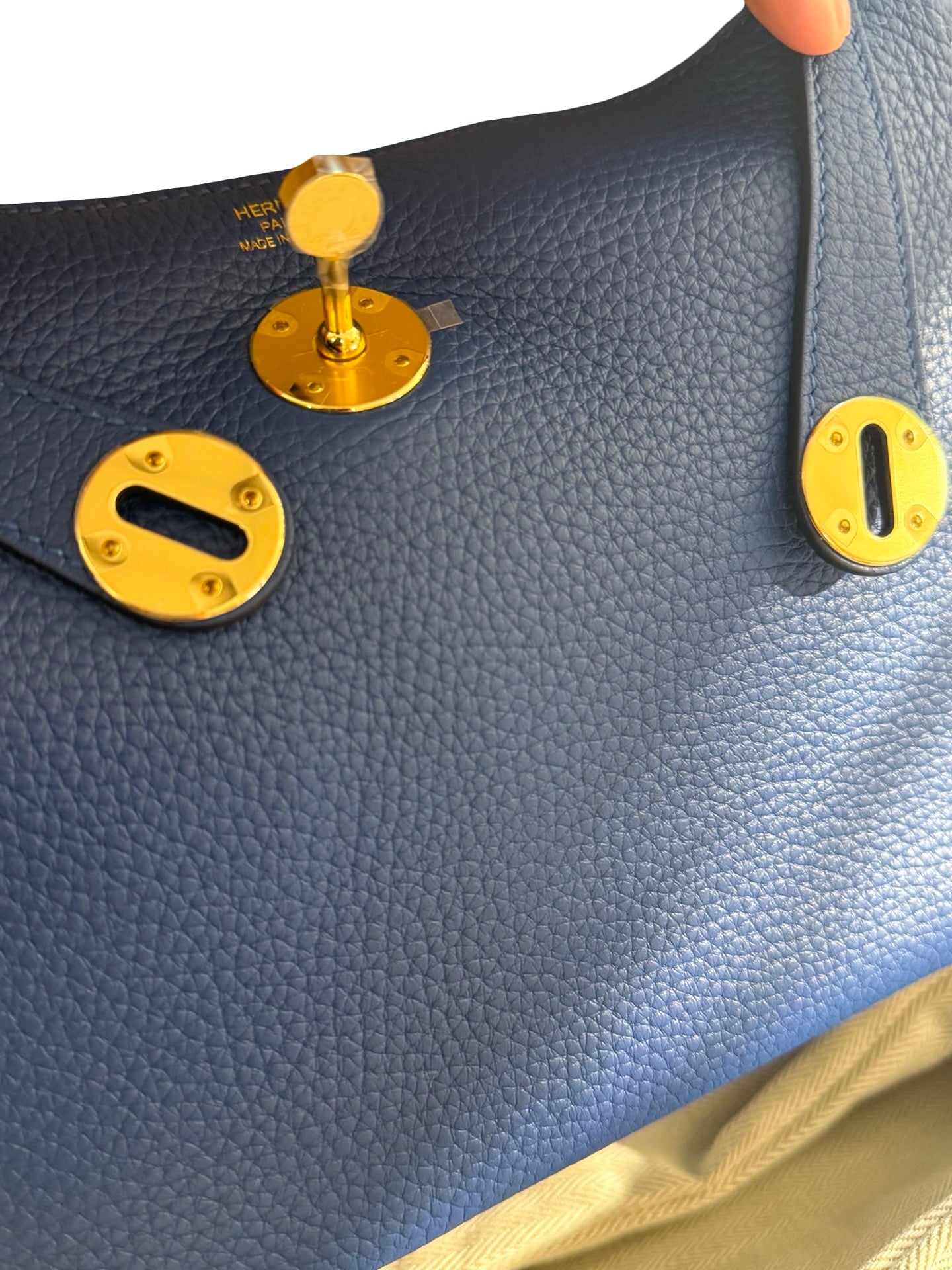 Brand New HERMES Clemence Lindy 26 Handbag Blue GHW