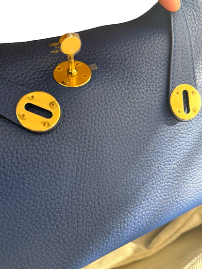 Brand New HERMES Clemence Lindy 26 Handbag Blue GHW