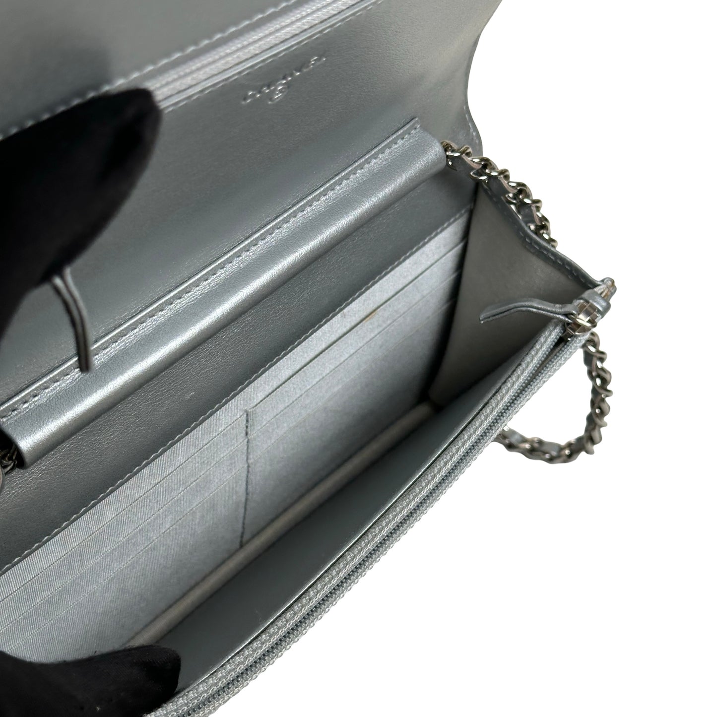 Used CHANEL Camellia Leather woc Wallet on chain Silver，Phw