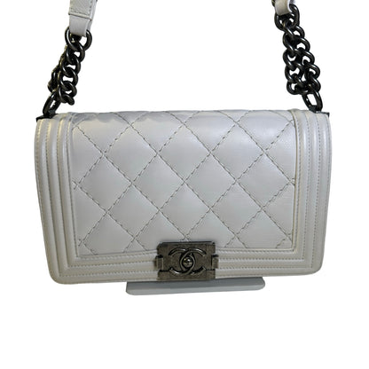 Used CHANEL Quilted Calfskin Boy Chain Shoulder Bag White