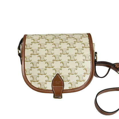 Used CÉLINE Canvas Folco Medium Cross Body Bag White Brown GHW