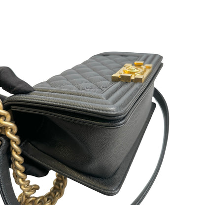 Used CHANEL Quilted Caviar Boy Chanel Flap Bag Chain Shoulder Bag Black Gold Hardware