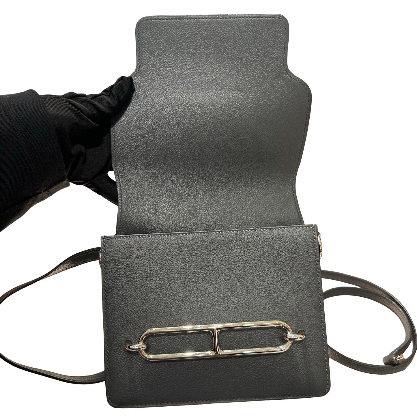 Used Hermès Clemence leather MINI ROULIS Shoulder Bag Gray PHW