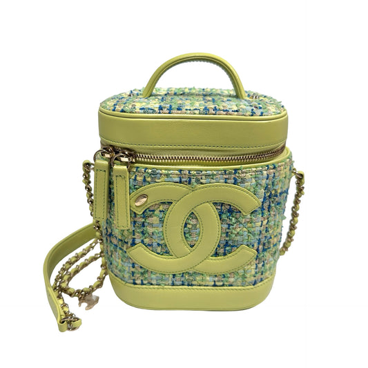 Used CHANEL Tweed Vanity Case Tweed Green Vanity case Green Blue Yellow