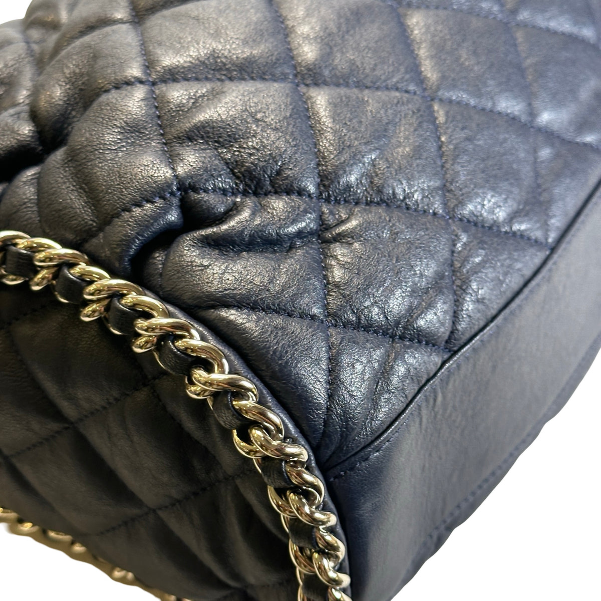 Used CHANEL Quilted Leather Quilted Shoulder Bag Chain Shoulder Bag Navy Blue Silver Hardware