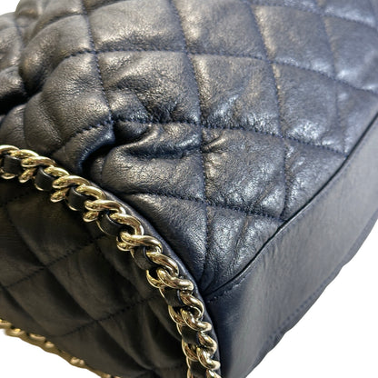 Used CHANEL Quilted Leather Quilted Shoulder Bag Chain Shoulder Bag Navy Blue Silver Hardware