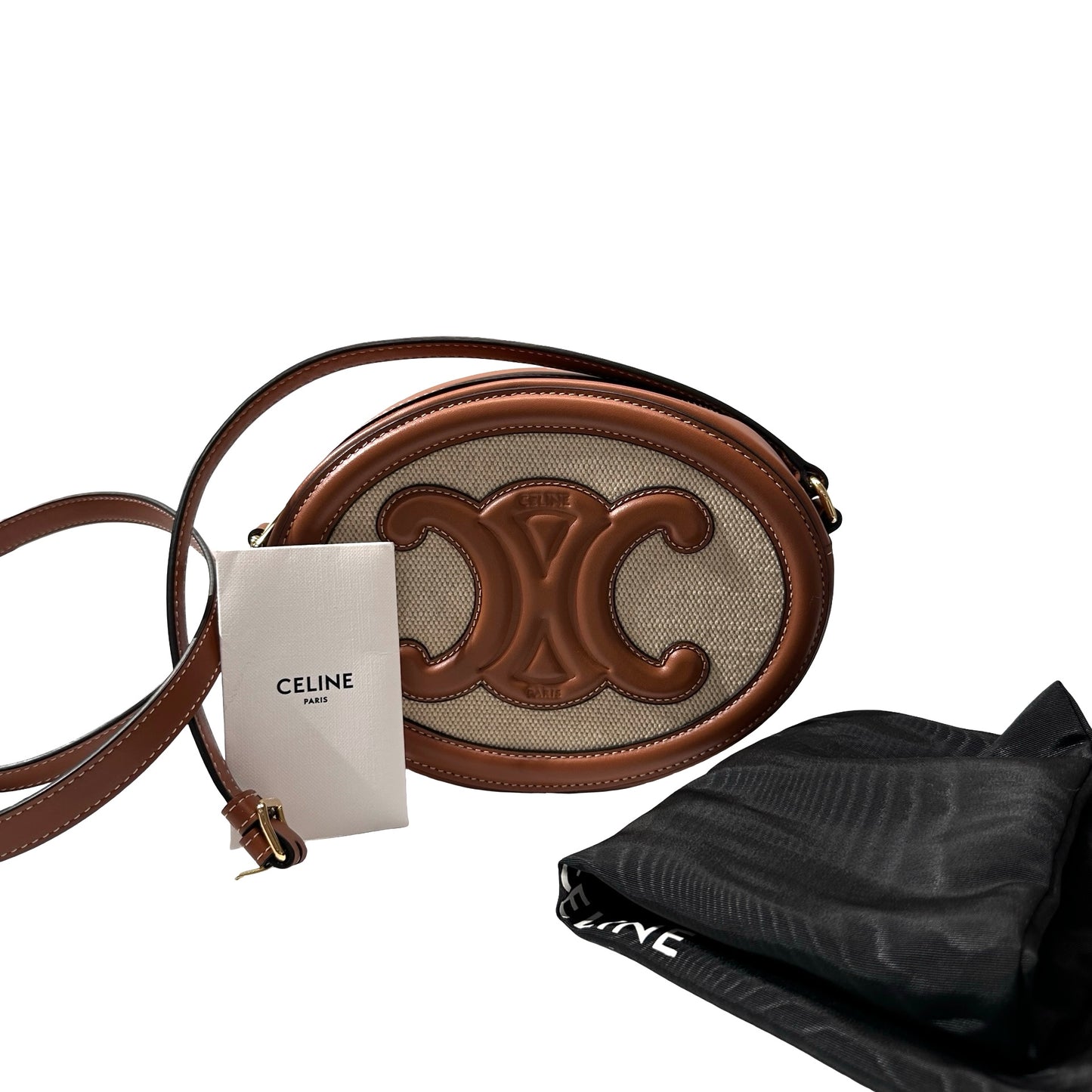 Used CELINE Canvas Leather Oval Purse Triomphe Cross Body Bag Brown Beige GHW