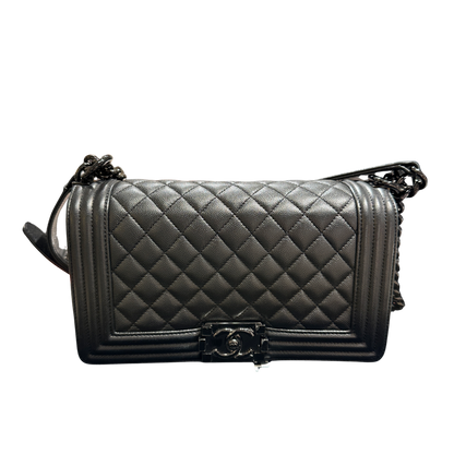 Used CHANEL Quilted Caviar Boy Chain Shoulder Bag Black