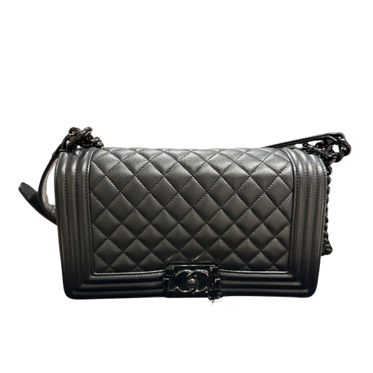 Used CHANEL Quilted Caviar Boy Chain Shoulder Bag Black