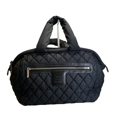 Used CHANEL Quilted Nylon Coco Cocoon Travel Bag Black PHW