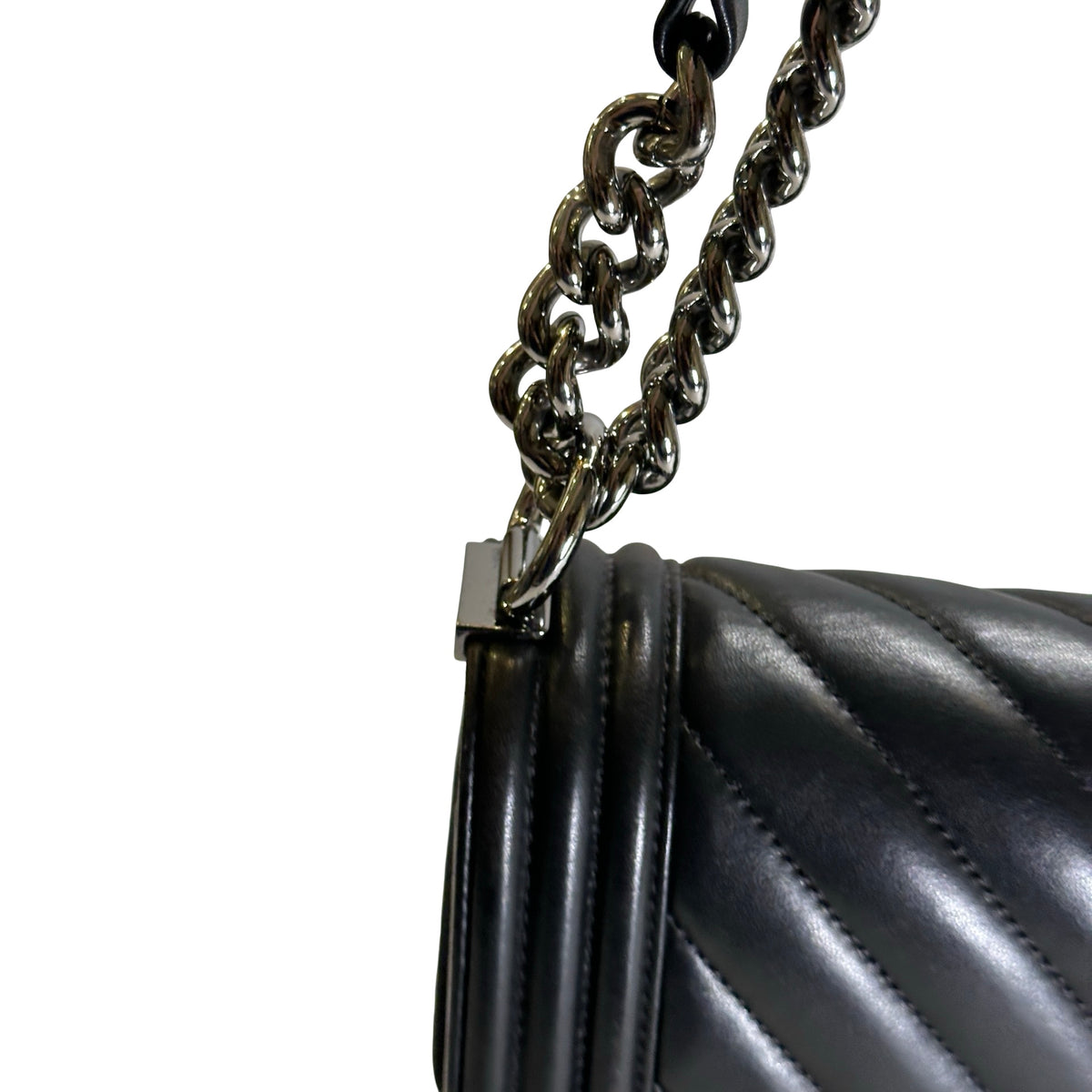 Used CHANEL Chevron Leather Boy Chanel Shoulder Bag Black Silver