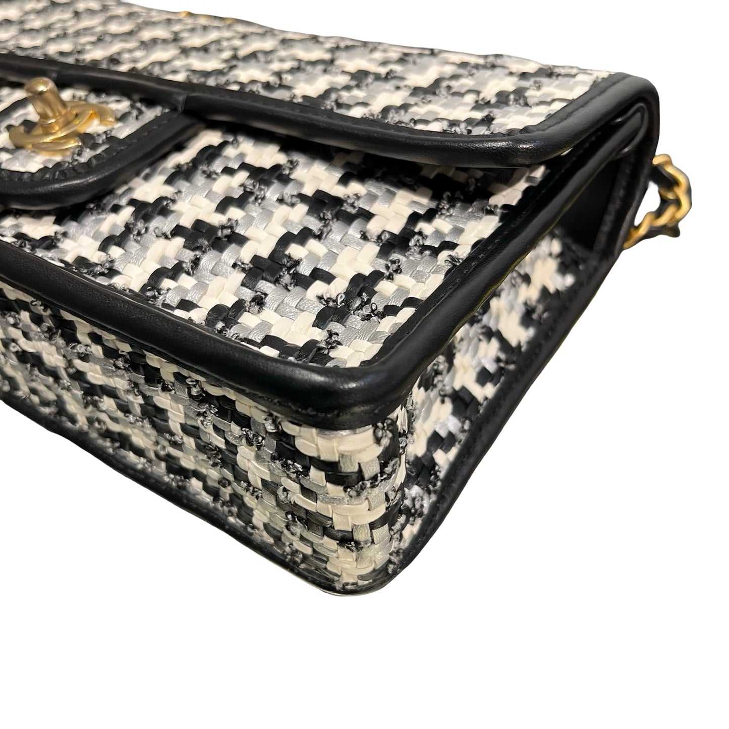 Used CHANEL 23c woven flap 25 Cross Body Bag Black White GHW