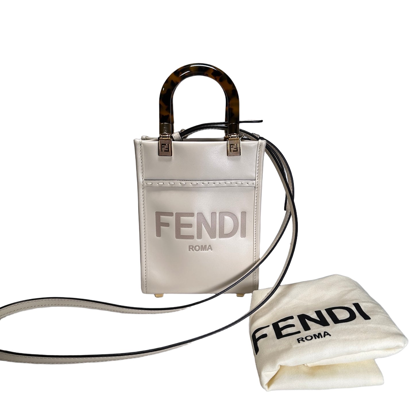 Used FENDI Mini Sunshine Shopper Crossbody Bag White GHW
