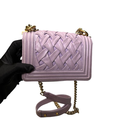 Used CHANEL Braided Lambskin Boy Chain Shoulder Bag Lilac Gold