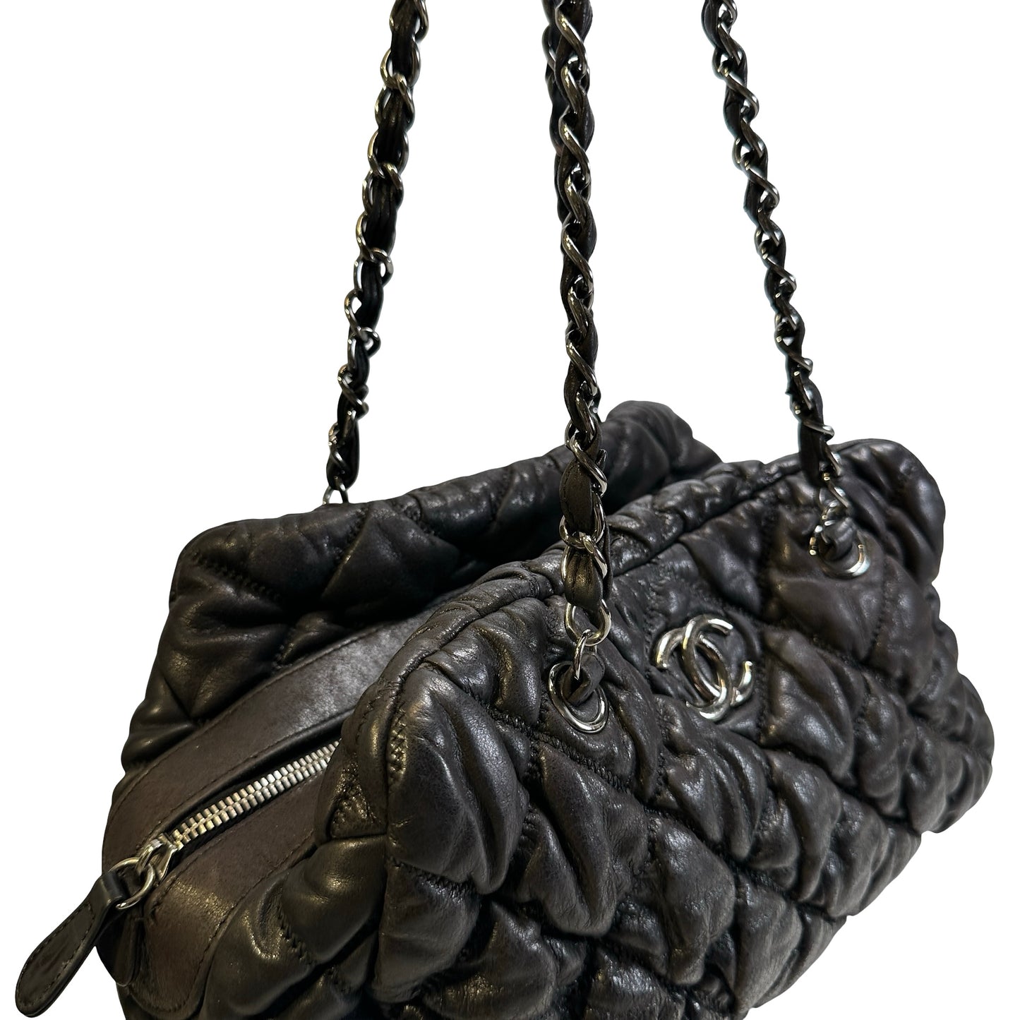 Used CHANEL Quilted Leather Bubble Quilted Bowler Bag Handbag Black Silver hardware