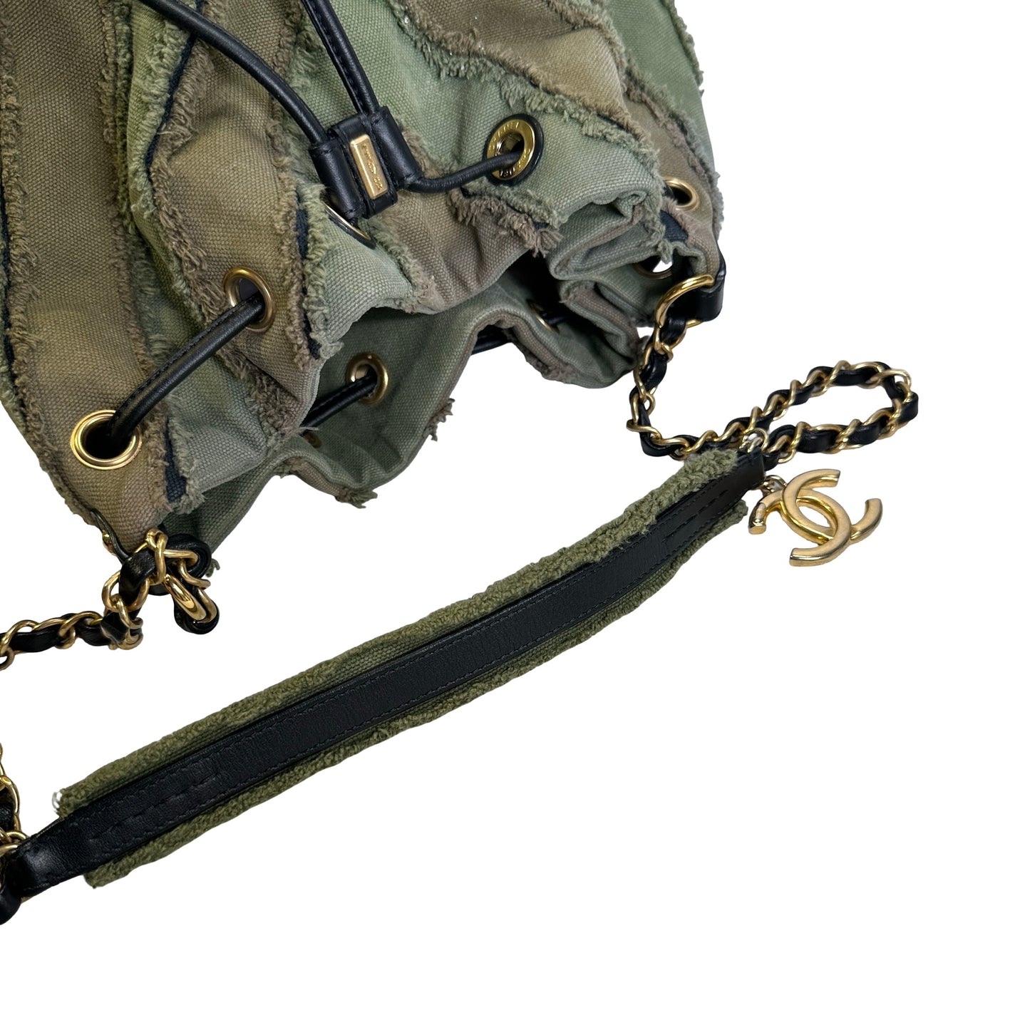 Used CHANEL Chevron Fringed Canvas Chevron Fringed Canvas Drawstring Bucket Bag Drawstring Bag Olive Green