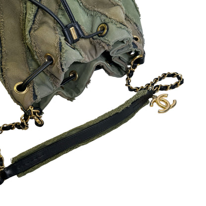 Used CHANEL Chevron Fringed Canvas Chevron Fringed Canvas Drawstring Bucket Bag Drawstring Bag Olive Green