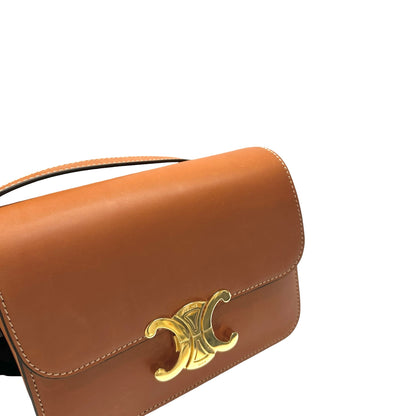 Used Céline Calfskin Leather Triomphe Shoulder Bag GHW Brown