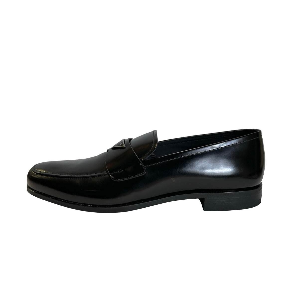 Used PRADA Leather Logo Plaque Loafers Shoes Black Silver