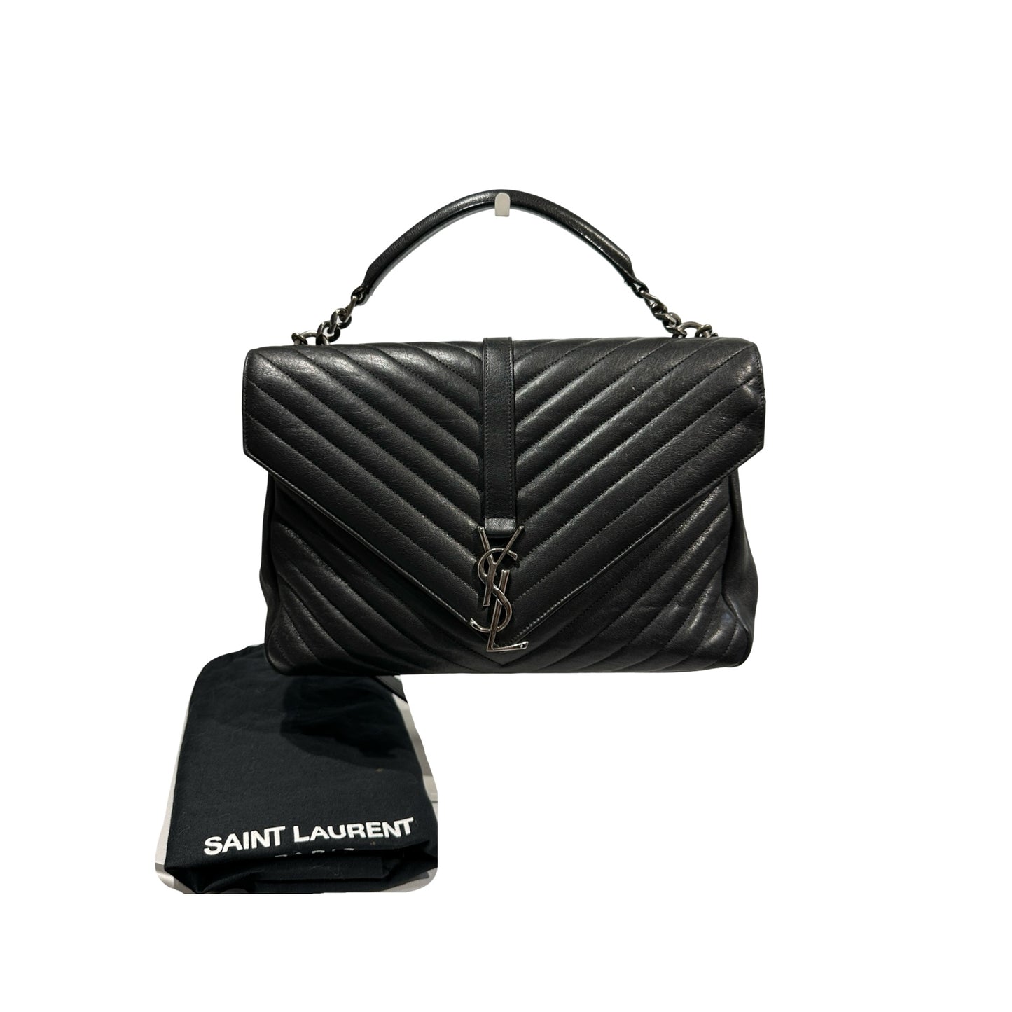 Used SAINT LAURENT Lambskin Leather College medium Shoulder Bag Black PHW