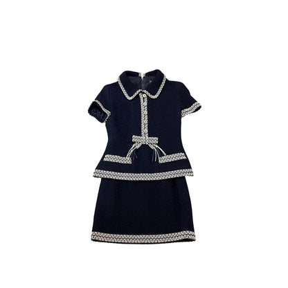 Used Chanel Wool Tweed short-sleeve jacket+skirt set Clothing Navy