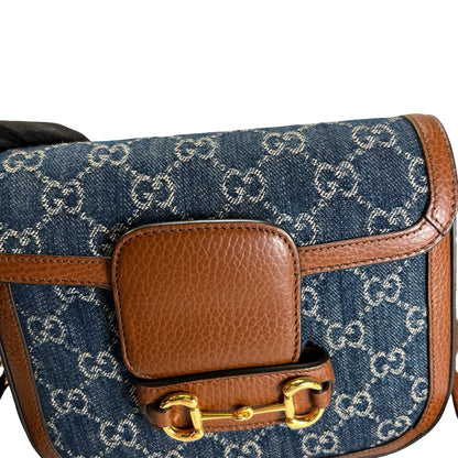 Used GUCCI GG Canvas Leather Trim Horsebit 1955 Mini Bag Shoulder Bag Blue Brown