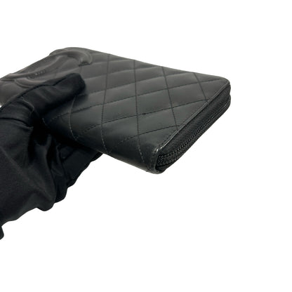 Used Chanel Lambskin Leather Cambon Long Round Wallet Black PHW