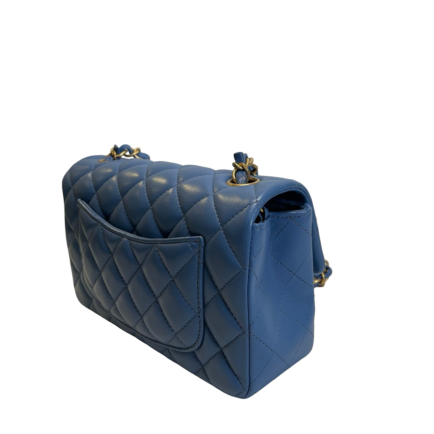 Used CHANEL Quilted Lambskin Classic Flap Handbag Blue Gold hardware