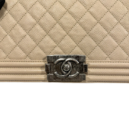 Used Chanel Caviar Leather Boy 25 Shoulder Bag Beige PHW