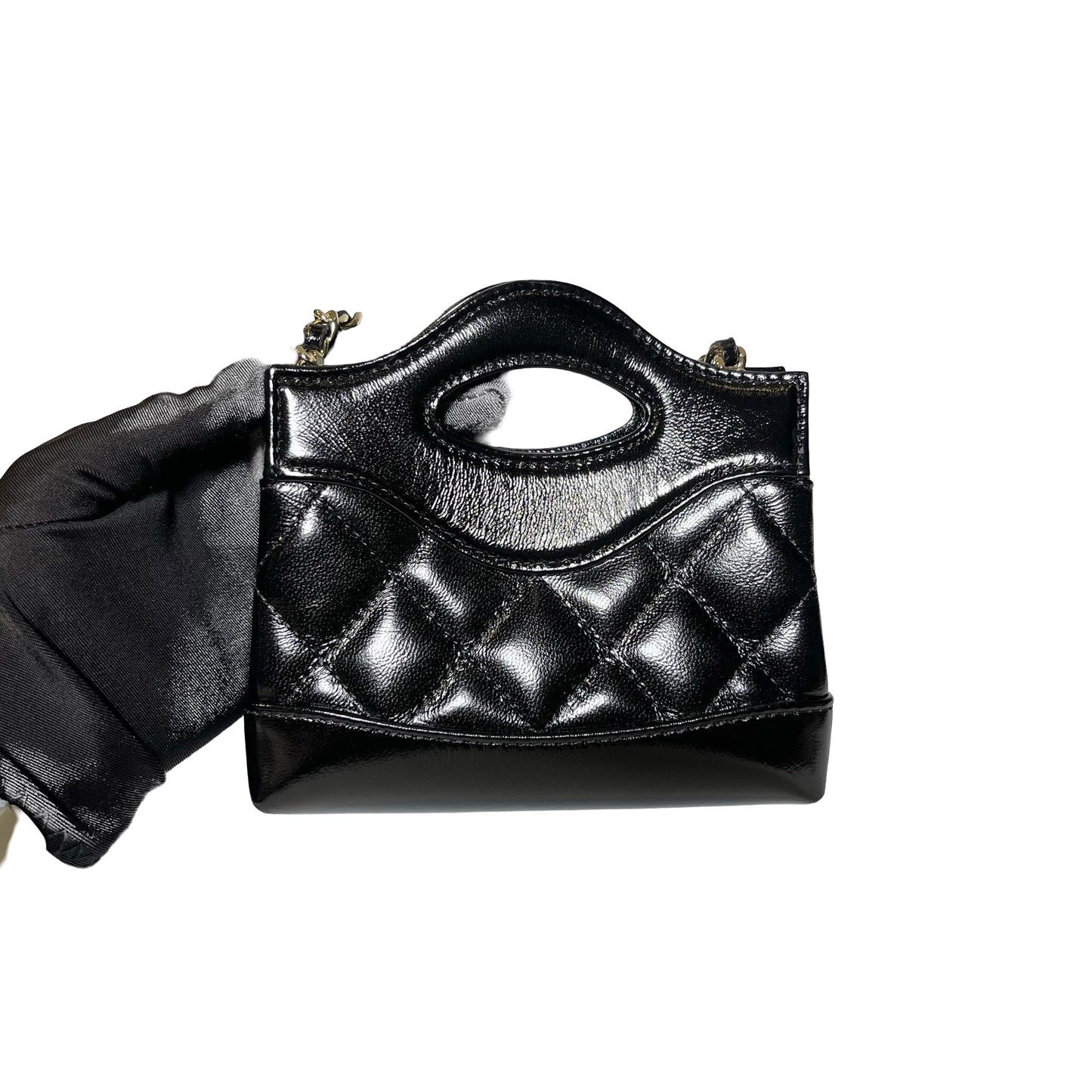 Used CHANEL Shiny Calfskin Mini kelly Cross Body Bag Black GHW