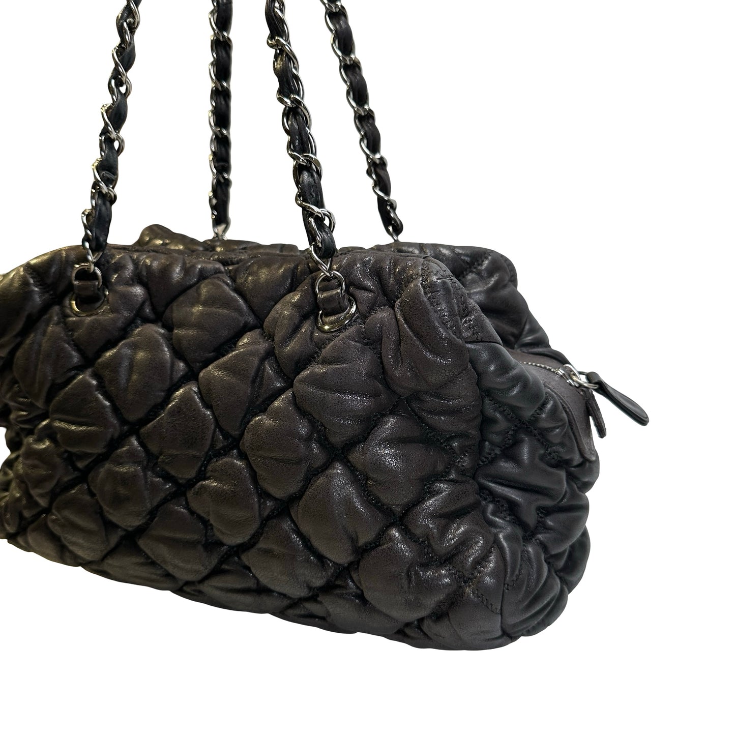 Used CHANEL Quilted Leather Bubble Quilted Bowler Bag Handbag Black Silver hardware