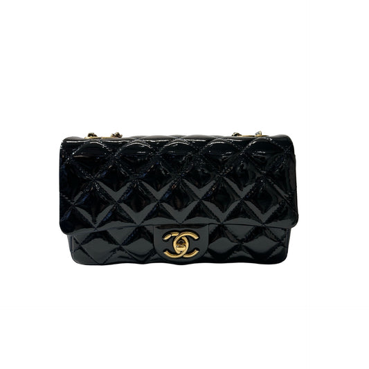 Used CHANEL Patent Leather MINI FLAP 20 CM Chain Shoulder Bag Navy Blue GHW