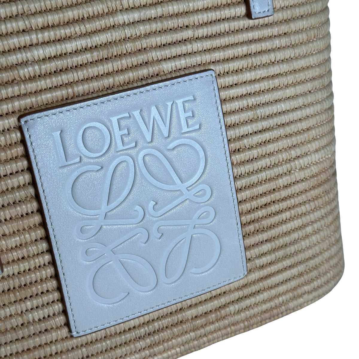 Used LOEWE Raffia Calfskin Square Basket Basket Bag Natural White