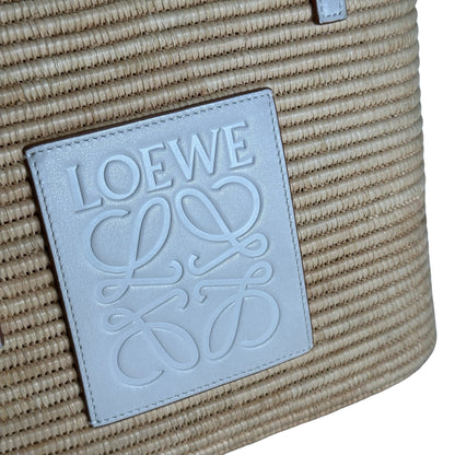 Used LOEWE Raffia Calfskin Square Basket Basket Bag Natural White