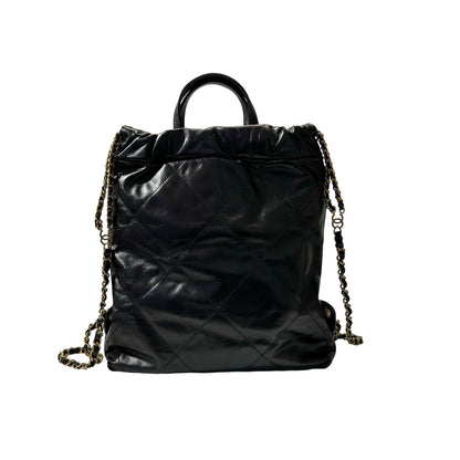 Used CHANEL Shiny Calfskin 23P 22 Small Backpack Black GHW