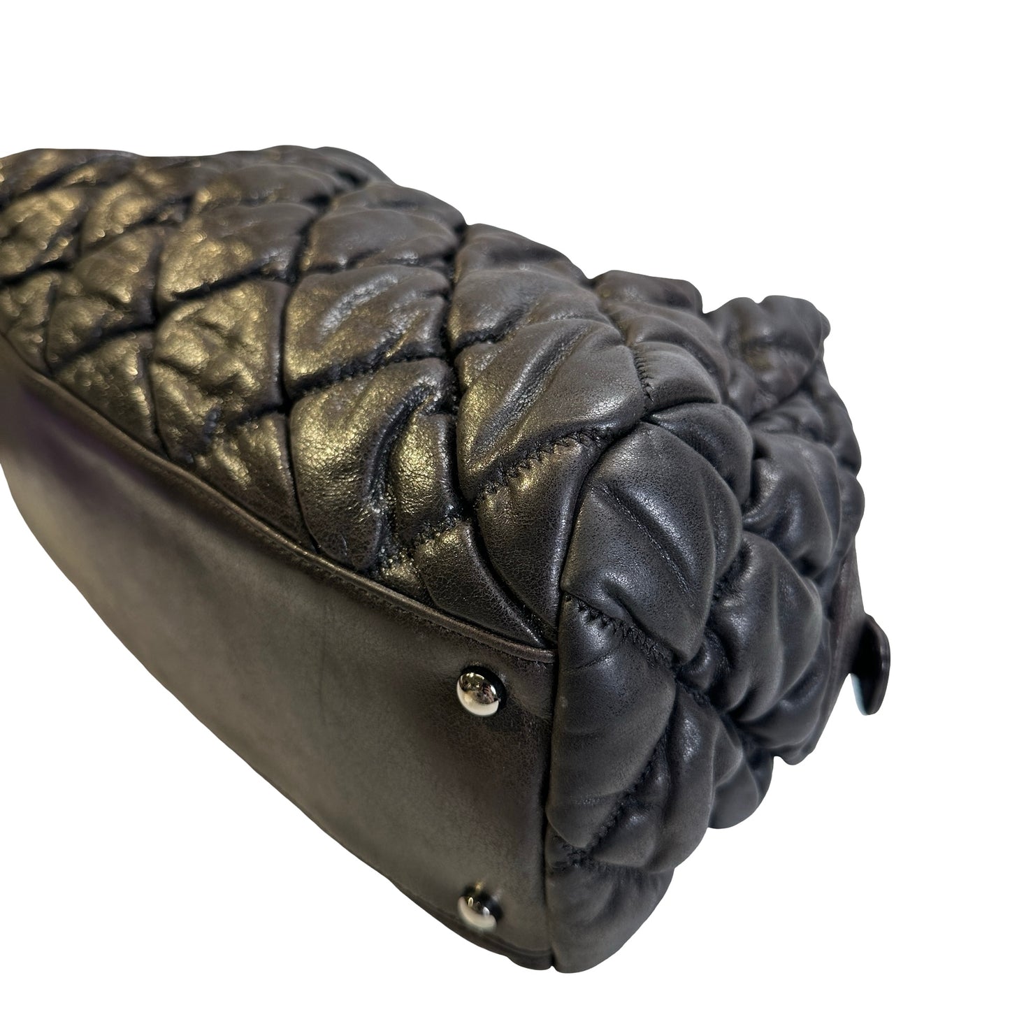Used CHANEL Quilted Leather Bubble Quilted Bowler Bag Handbag Black Silver hardware