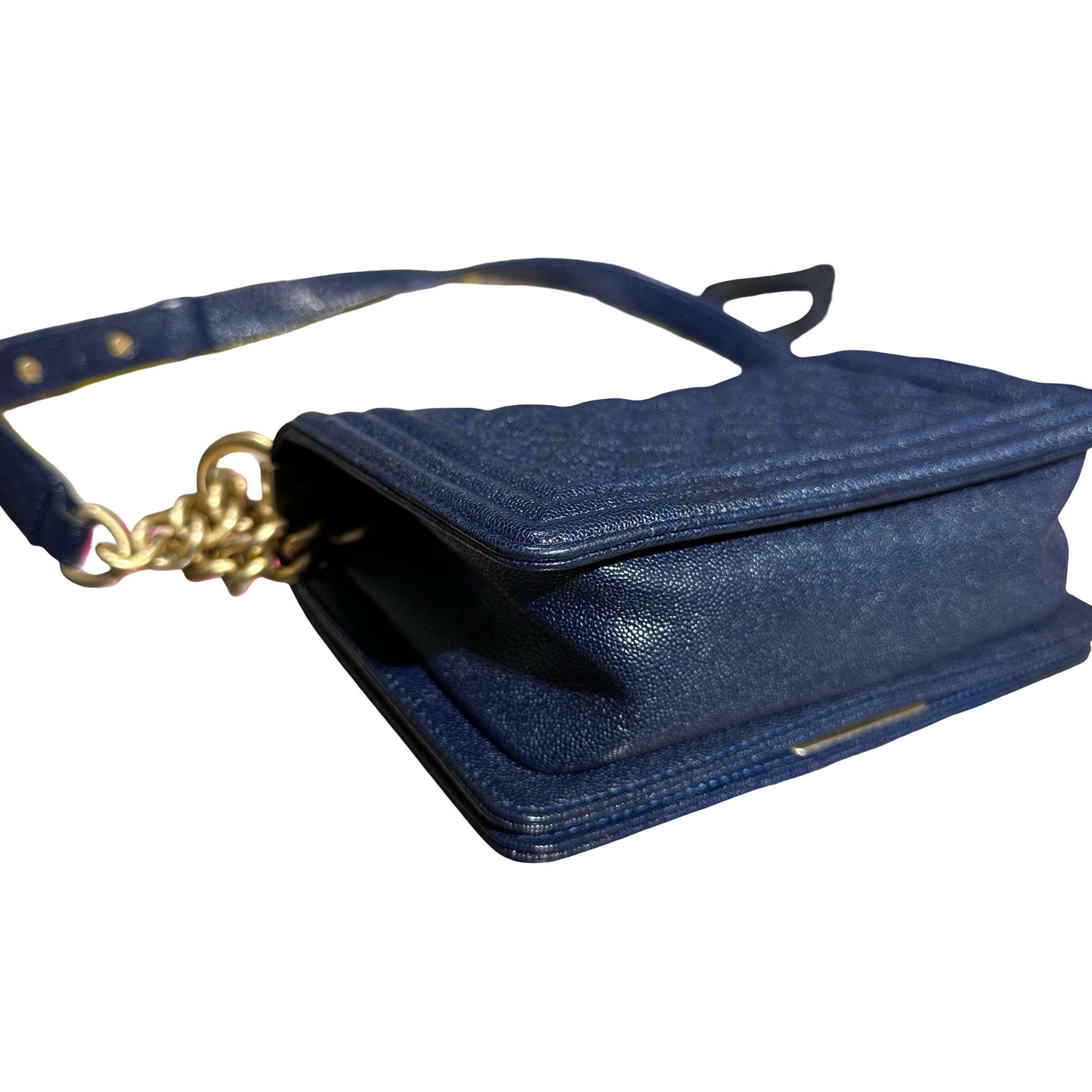 Used Chanel Calfskin Leather Boy 20cm Shoulder Bag Navy GHW