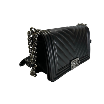 Used CHANEL Chevron Leather Boy Chanel Shoulder Bag Black Silver