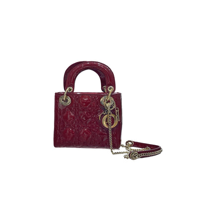 Used Dior Patent Leather Mini Lady Dior Top Handle Bag Cherry Red GHW