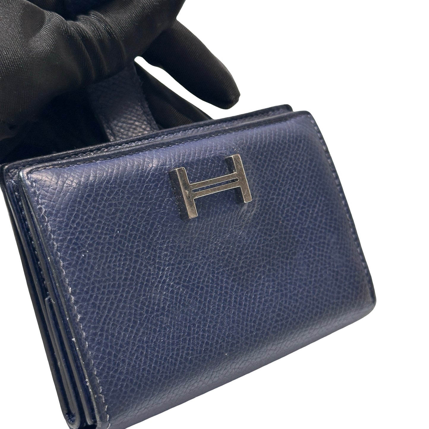 Used HERMÈS Calfskin Leather Bearn Wallet Navy Blue PHW