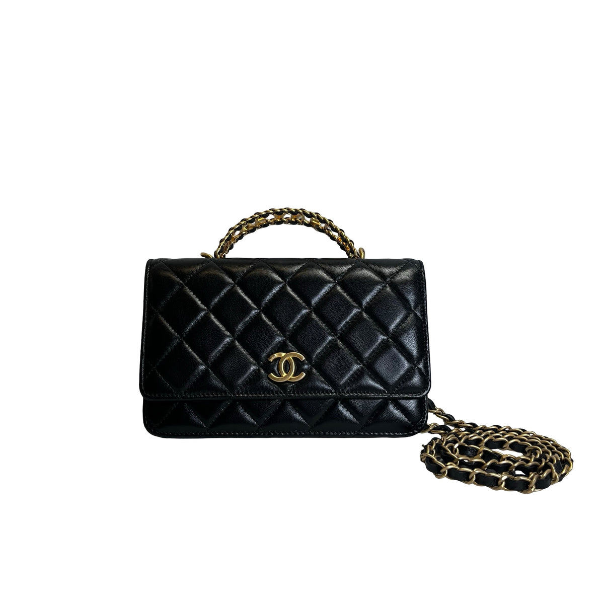 Used CHANEL Matelasse Quilted Lambskin Wallet On Chain Wallet on chain Black Gold