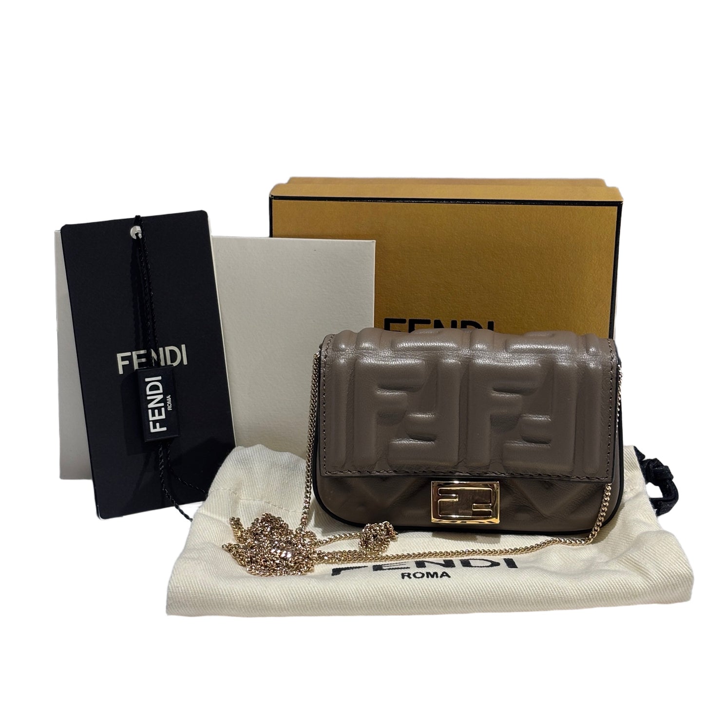 Used FENDI FF Leather Baguette Mini Bag Grey Gold