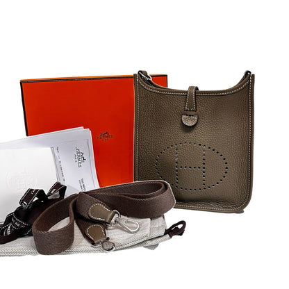 New HERMÈS MINI EVELYNE Cross Body Bag Etoupe PHW