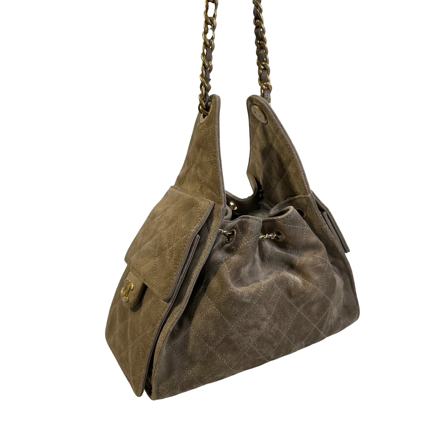 Used CHANEL Suede Quilted Suede Quilted Handbag Handbag Khaki Gold